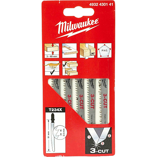 Холст пильный для электролобзика Milwaukee T234X 3CUT по дереву, шаг зуба 2.5ммх91мм, 5шт