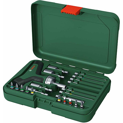 Отвертка Bosch с трещоткой, Т-образная рукоятка, 20 насадок, 109мм, кейс, сталь CrV