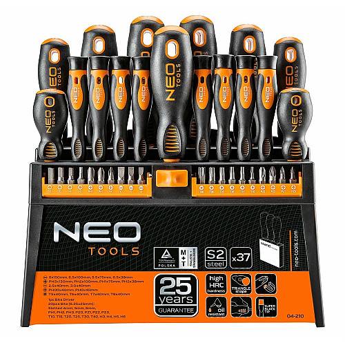 Отвертки Neo Tools, 20 бит, SL, PH, PZ, Torx, H, сталь S2, с подставкой, набор 37шт