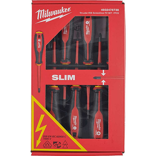 Набір викруток ізольованих Milwaukee до 1000В SL2,5,SL3,SL4,PH2,PZ1,PZ2,викрутка-тестер 7шт