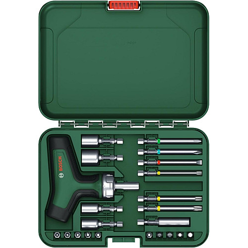 Отвертка Bosch с трещоткой, Т-образная рукоятка, 20 насадок, 109мм, кейс, сталь CrV