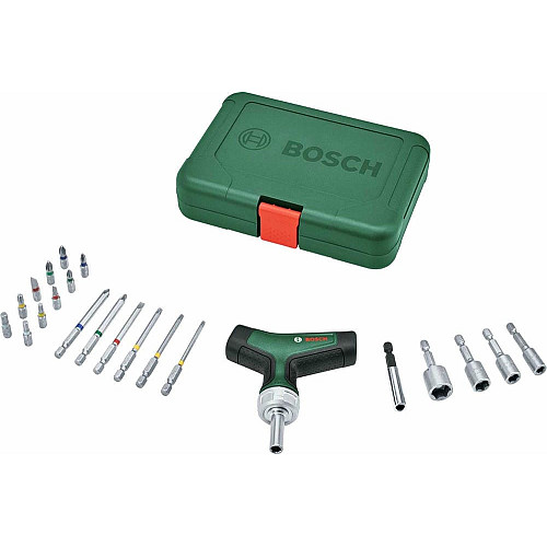 Отвертка Bosch с трещоткой, Т-образная рукоятка, 20 насадок, 109мм, кейс, сталь CrV