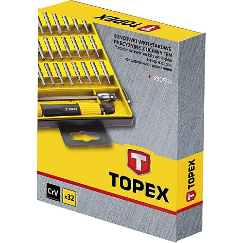 Биты TOPEX, прецизионные, битодержатель, SL, PH, PZ, H, T, 30мм, CrV, кейс, набор 32шт