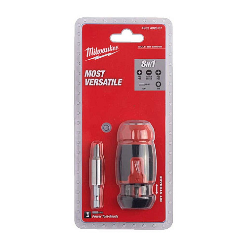 Викрутка Milwaukee, 8 насадок, руків'я двокомпонентне, PH1,PH2,PZ1,PZ2,T15,SL 0.6x4.5,SL 1.2x6.5мм
