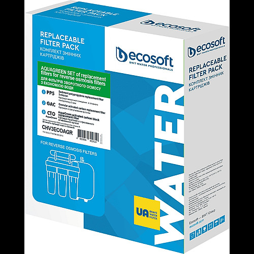 Комплект картриджів Ecosoft 1-2-3 для осмосу з функією економії води (поліпропілен+GAC+AquaGreen)