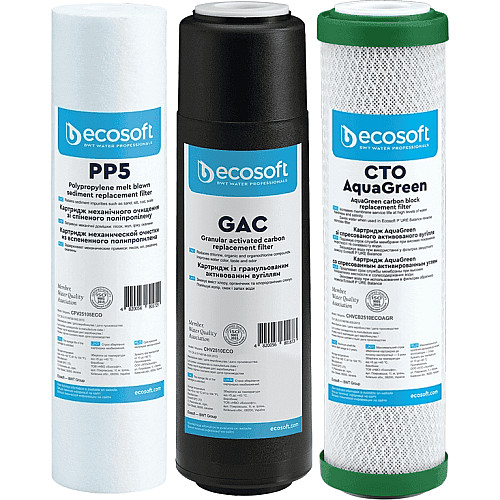 Комплект картриджів Ecosoft 1-2-3 для осмосу з функією економії води (поліпропілен+GAC+AquaGreen)