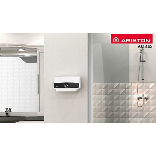 Водонагреватель электр. Ariston проточный Aures, 3,1л, 5,5кВт, горизонтальный монтаж, мех. кер-ния, A, Вьетнам, бело-серый