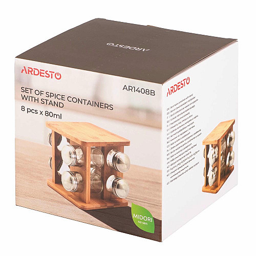 Набор емкостей для специй на подставке ARDESTO Midori, 9 предметов, 80мл, 19x19x15.5см, бамбук, нержавеющая сталь, стекло, пластик