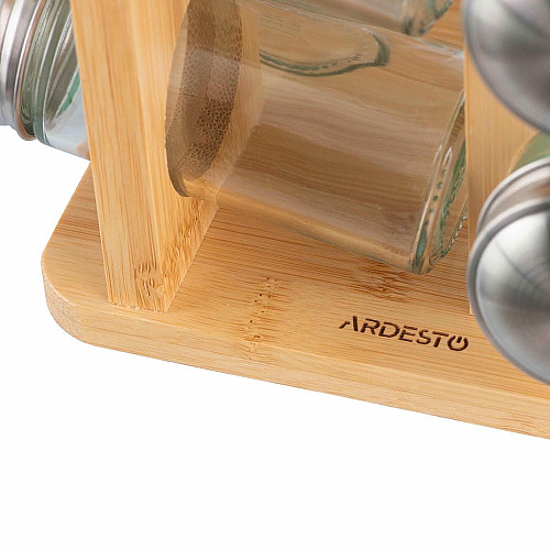 Набор емкостей для специй на подставке ARDESTO Midori, 9 предметов, 80мл, 19x19x15.5см, бамбук, нержавеющая сталь, стекло, пластик