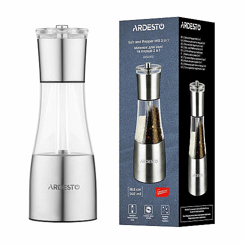 Млинок для солі та перцю 2 в 1 ARDESTO Gemini, 140мл, акрил, нержавіюча сталь, прозорий