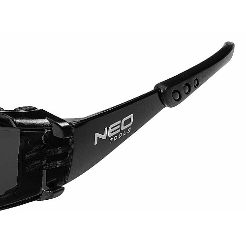 Очки защитные Neo Tools противооскольчатые, класс защиты FT, резиновые скобки, поликарбонат, темно серый