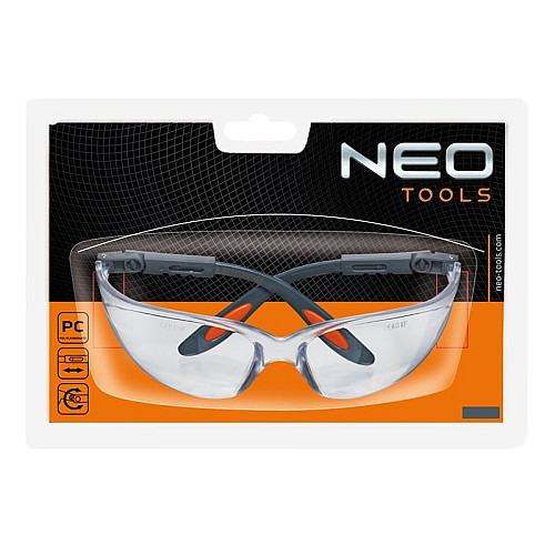 Очки защитные Neo Tools противоосколочные, нейлоновые скобки, регулировка длины и угла душек, стойкие к царапинам, прозрачный