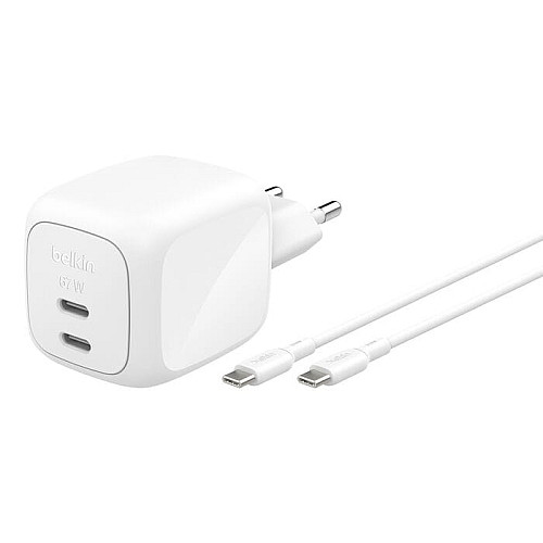 Зарядное устройство сетевое Belkin 67Вт 2хUSB-С GAN PD PPS, кабель USB-С > USB-C, 2м, белый