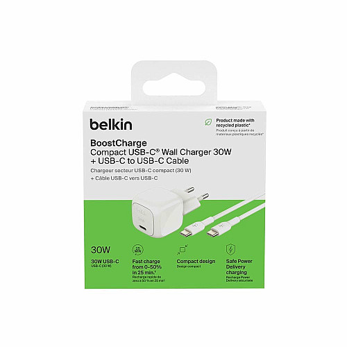 Зарядное устройство сетевое Belkin 30Вт USB-С PD PPS, кабель USB-С > USB-C, 1м, PVC, белый