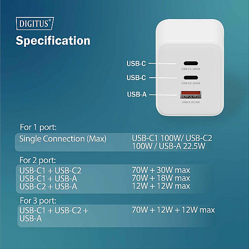 Зарядний пристрій DIGITUS GaN 2хUSB-C, 1хUSB-A, 100W