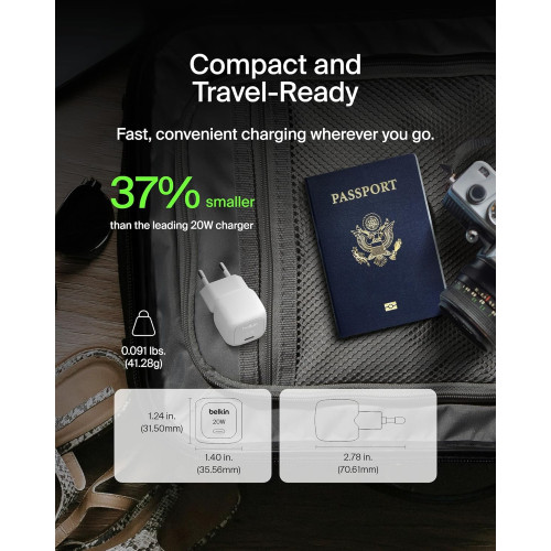Зарядний пристрій мережевий Belkin 20Вт USB-С PD PPS, кабель USB-С > USB-C, 1м, PVC, білий