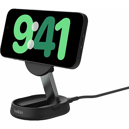 Зарядний пристрій бездротовий Belkin 15Вт Magnetic Stand Qi2, адаптер 20Вт USB-C, чорний