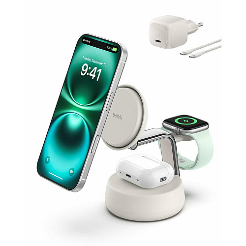 Зарядний пристрій бездротовий Belkin UltraCharge Pro 3в1 Magnetic Charging Dock 25Вт, Sand