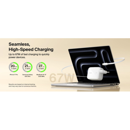 Зарядний пристрій мережевий Belkin 67Вт USB-C PD, PPS, вбудований кабель USB-C, білий