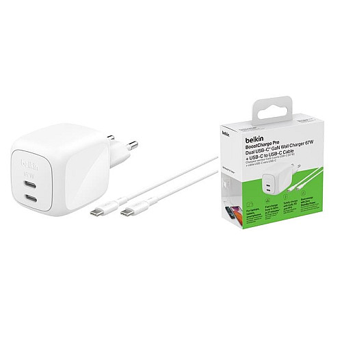 Зарядное устройство сетевое Belkin 67Вт 2хUSB-С GAN PD PPS, кабель USB-С > USB-C, 2м, белый