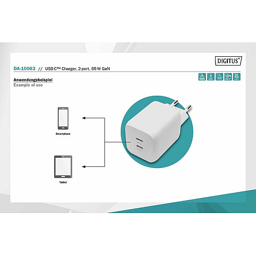 Зарядное устройство DIGITUS 2хUSB-C, 65W, GaN