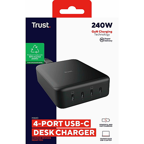 Зарядное устройство сетевое Trust Maxo 240Вт, GaN, 4xUSB-C, PD, черный