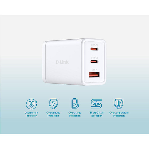 Зарядний пристрій мережевий D-Link DCP-651 65Вт GaN 2хUSB-С, 1xUSB-A, білий