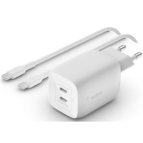 Зарядний пристрій мережевий Belkin 65Вт 2хUSB-С GAN PD PPS, кабель USB-С > USB-C, 2м, білий