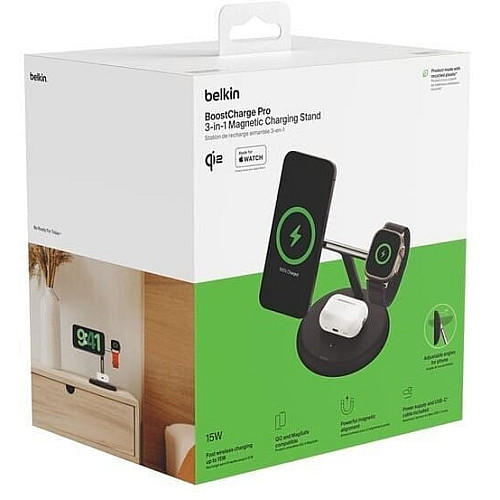Зарядний пристрій бездротовий Belkin 3в1 Magnetic Adjustable Pad Qi2 15Вт, чорний