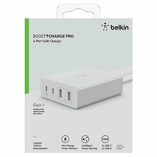 Зарядний пристрій мережевий Belkin 108Вт 2хUSB-С GAN PD PPS/2хUSB-A, білий
