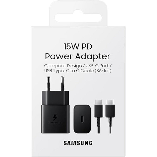 Зарядний пристрій мережевий Samsung 15Вт USB-С, кабель USB-C > USB-C, 1м, чорний