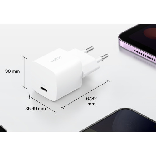 Зарядний пристрій мережевий Belkin 25Вт USB-С PD PPS, кабель USB-С > USB-C, 1м, PVC, білий