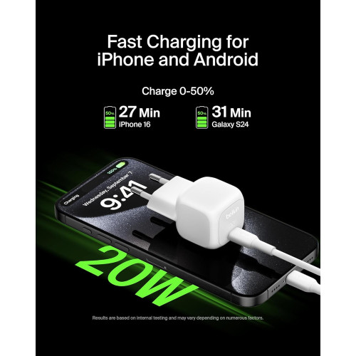 Зарядний пристрій мережевий Belkin 20Вт USB-С PD PPS, кабель USB-С > USB-C, 1м, PVC, білий