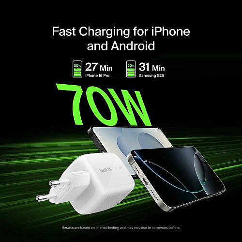 Зарядний пристрій мережевий Belkin 70Вт 2хUSB-С/USB-A GAN PD PPS, білий