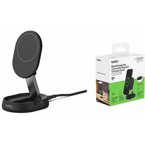 Зарядний пристрій бездротовий Belkin 15Вт Magnetic Stand Qi2, адаптер 20Вт USB-C, чорний