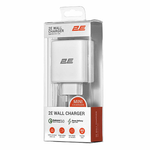 Зарядное устройство сетевое 2E 65Вт GaN 2хUSB-C/USB-A, PD/QC, белый