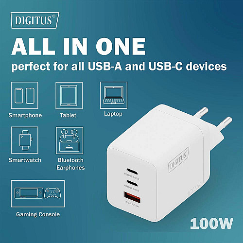 Зарядний пристрій DIGITUS GaN 2хUSB-C, 1хUSB-A, 100W