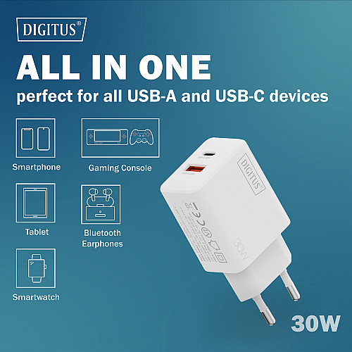 Зарядний пристрій DIGITUS GaN 1хUSB-C, 1хUSB-A, 30W