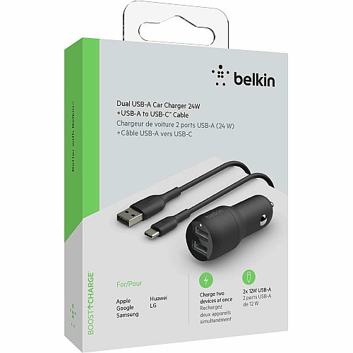 Зарядний пристрій автомобільний Belkin 24Вт 2хUSB-A, кабель USB-A > USB-C, 1м, чорний