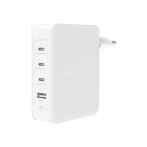 Зарядний пристрій мережевий Belkin 140Вт 3хUSB-С GAN PD PPS, USB-A, білий