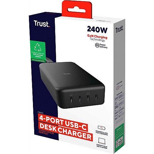 Зарядное устройство сетевое Trust Maxo 240Вт, GaN, 4xUSB-C, PD, черный