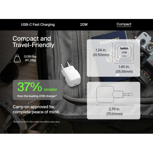Зарядний пристрій мережевий Belkin 20Вт USB-C PD PPS, білий