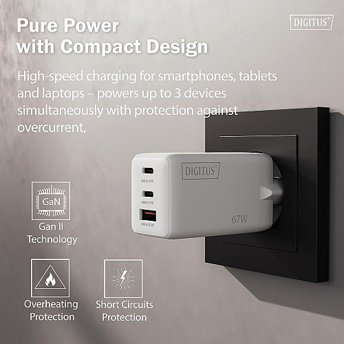 Зарядний пристрій DIGITUS GaN 2хUSB-C, 1хUSB-A, 67W