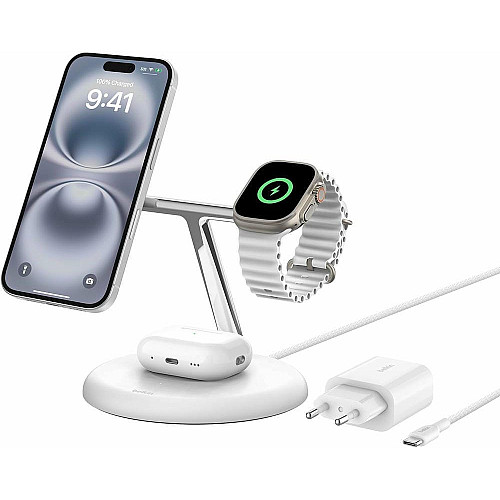 Зарядний пристрій бездротовий Belkin 3в1 Magnetic Adjustable Pad Qi2 15Вт, білий