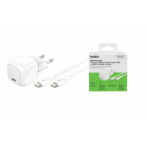 Зарядное устройство сетевое Belkin 30Вт USB-С PD PPS, кабель USB-С > USB-C, 1м, PVC, белый