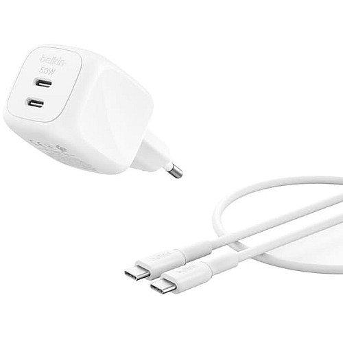 Зарядное устройство сетевое Belkin 50Вт 2хUSB-С GAN PD PPS, кабель USB-С > USB-C, 1м, белый