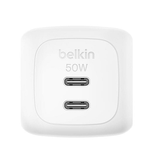 Зарядное устройство сетевое Belkin 50Вт 2хUSB-С GAN PD PPS, кабель USB-С > USB-C, 1м, белый