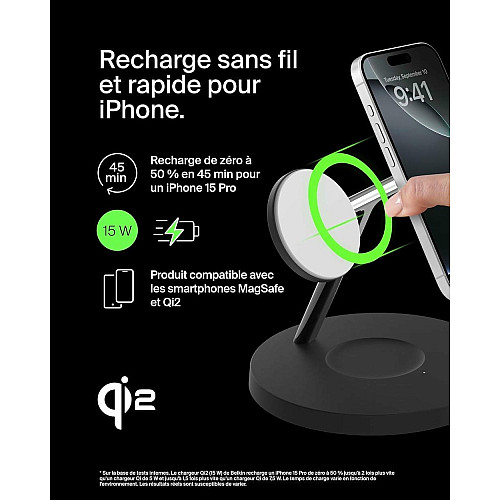 Зарядний пристрій бездротовий Belkin 3в1 Magnetic Pad Qi2 15Вт, чорний