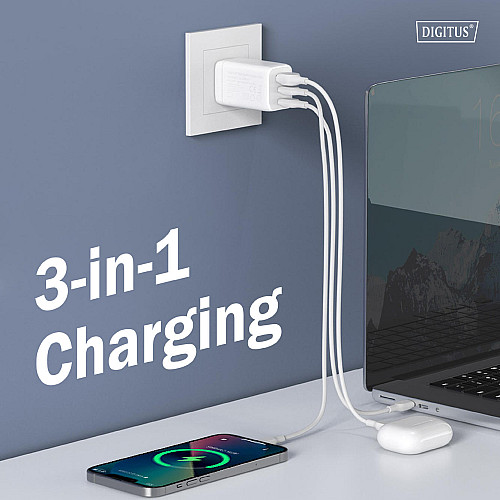 Зарядний пристрій DIGITUS GaN 2хUSB-C, 1хUSB-A, 67W
