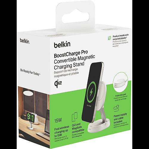 Зарядний пристрій бездротовий Belkin 15Вт Magnetic Stand Qi2, адаптер 20Вт USB-C, білий